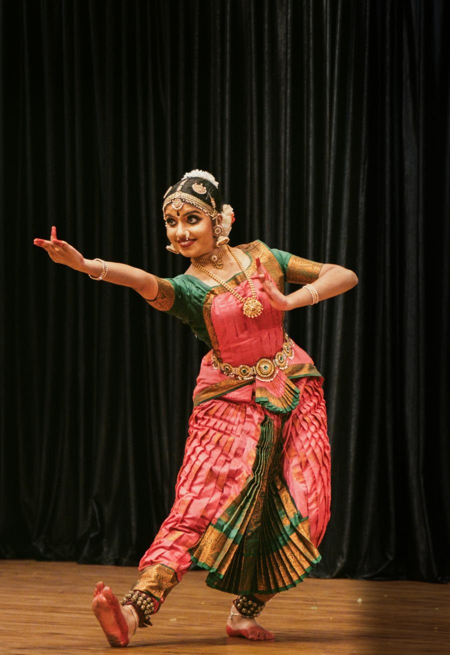 Bharatanatyam dancer in traditional costume on stage